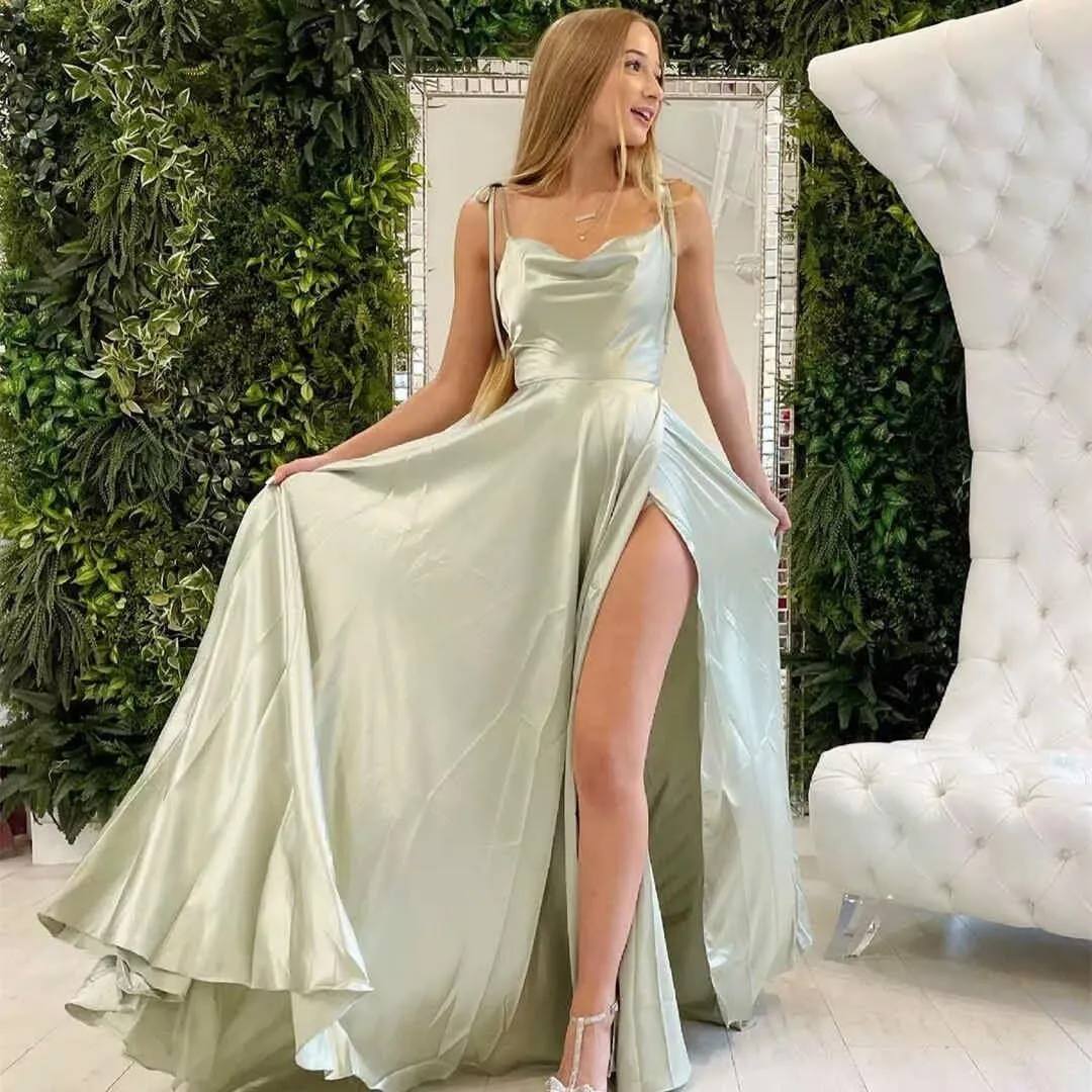 Monvelli Cowl Neck Satin Bridesmaid Dresses Long with Slit Spaghetti Straps Formal Prom Evening Gowns with Pockets 2025