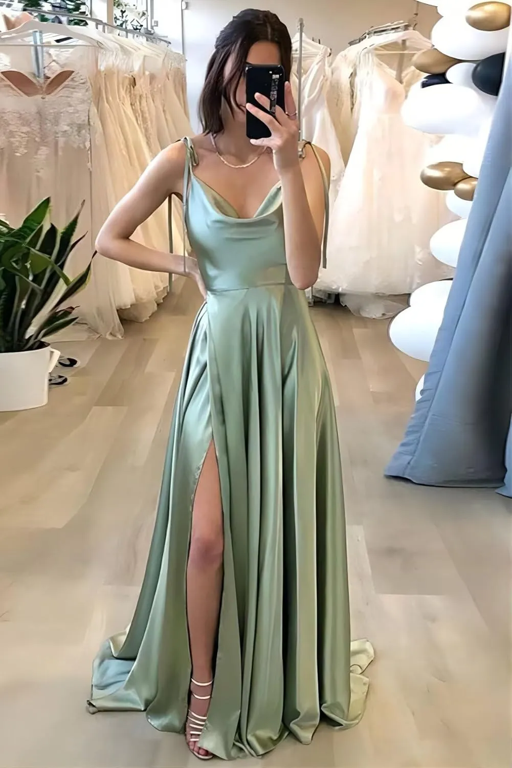 Monvelli Cowl Neck Satin Bridesmaid Dresses Long with Slit Spaghetti Straps Formal Prom Evening Gowns with Pockets 2025