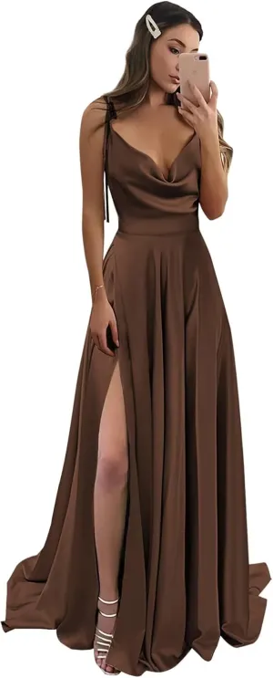 Monvelli Cowl Neck Satin Bridesmaid Dresses Long with Slit Spaghetti Straps Formal Prom Evening Gowns with Pockets 2025
