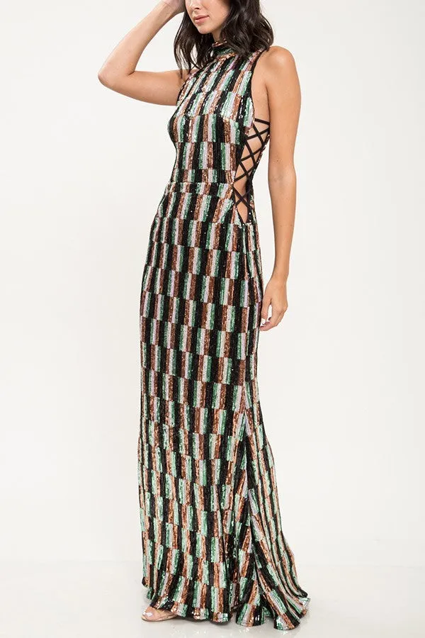 Multi Color Sequin Criss Cross Pattern Gown