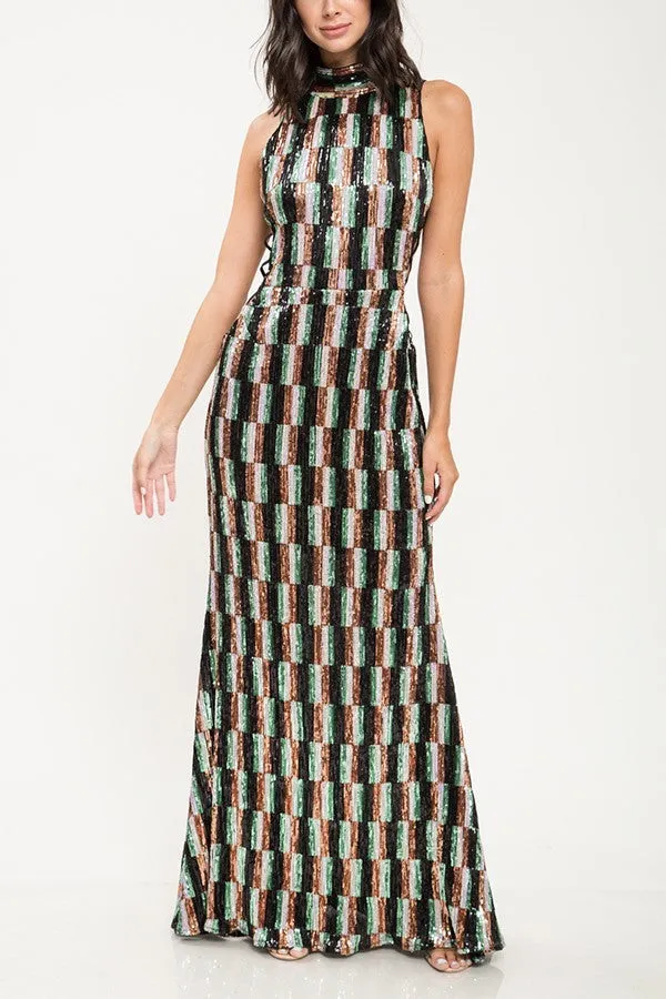 Multi Color Sequin Criss Cross Pattern Gown
