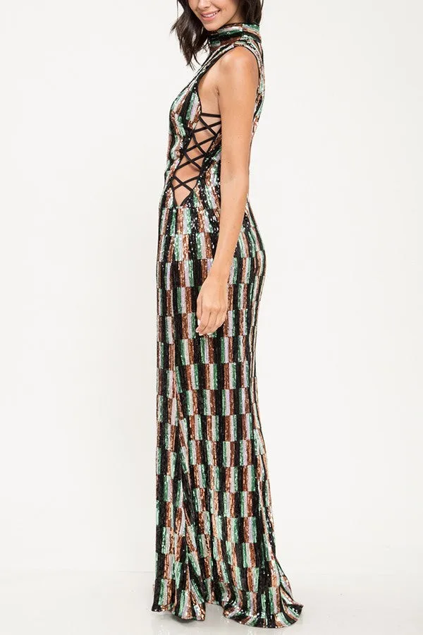 Multi Color Sequin Criss Cross Pattern Gown