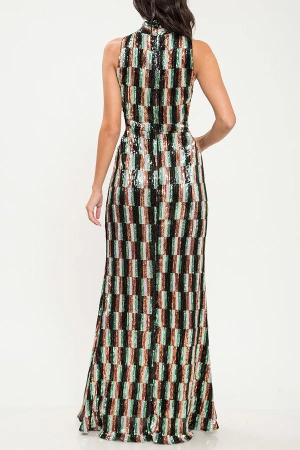 Multi Color Sequin Criss Cross Pattern Gown