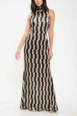 Multi Color Sequin Criss Cross Pattern Gown