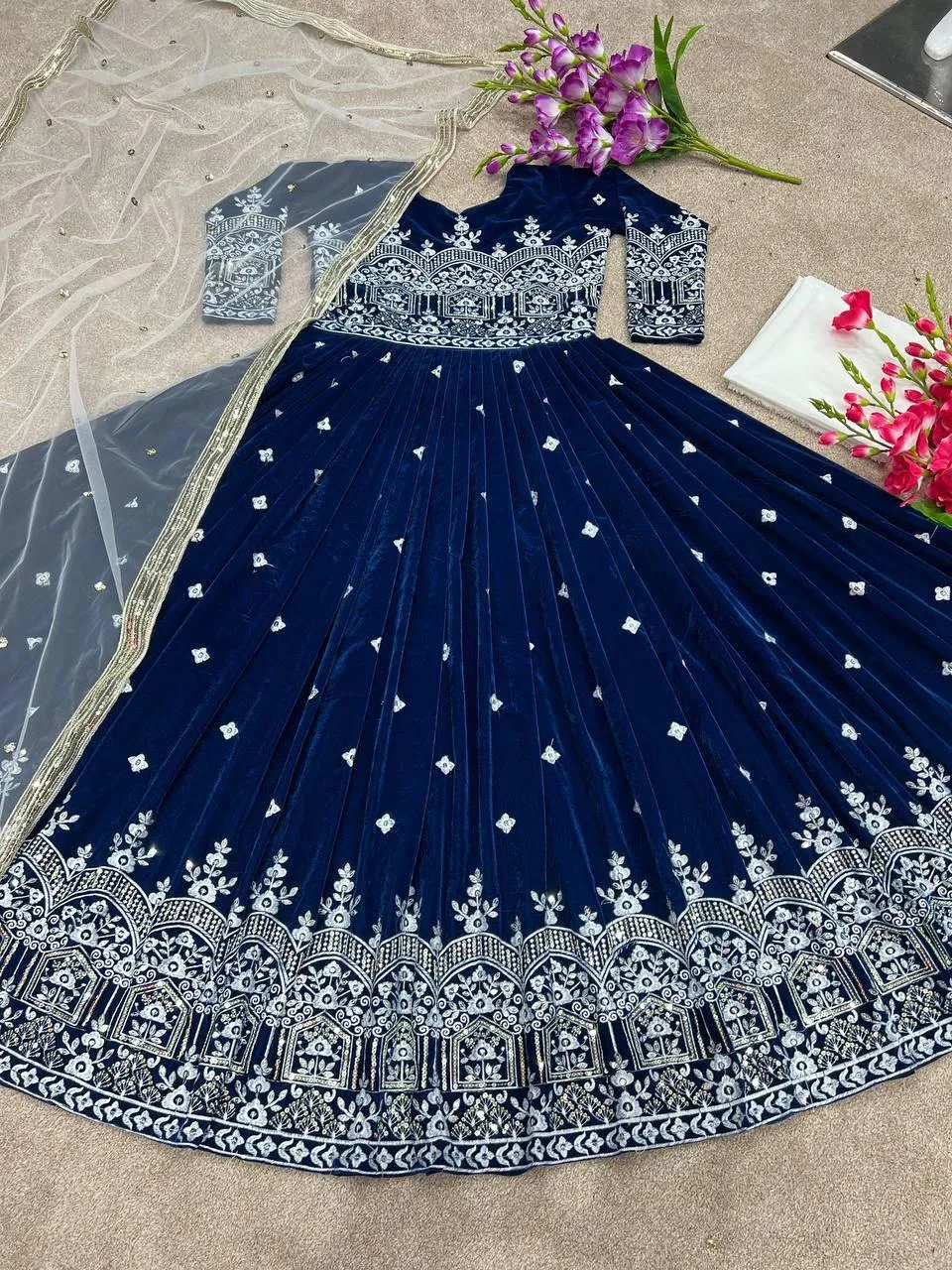 Navy Blue Velvet Embroidery Salwar Suit with Dupatta
