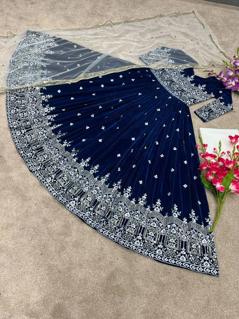 Navy Blue Velvet Embroidery Salwar Suit with Dupatta