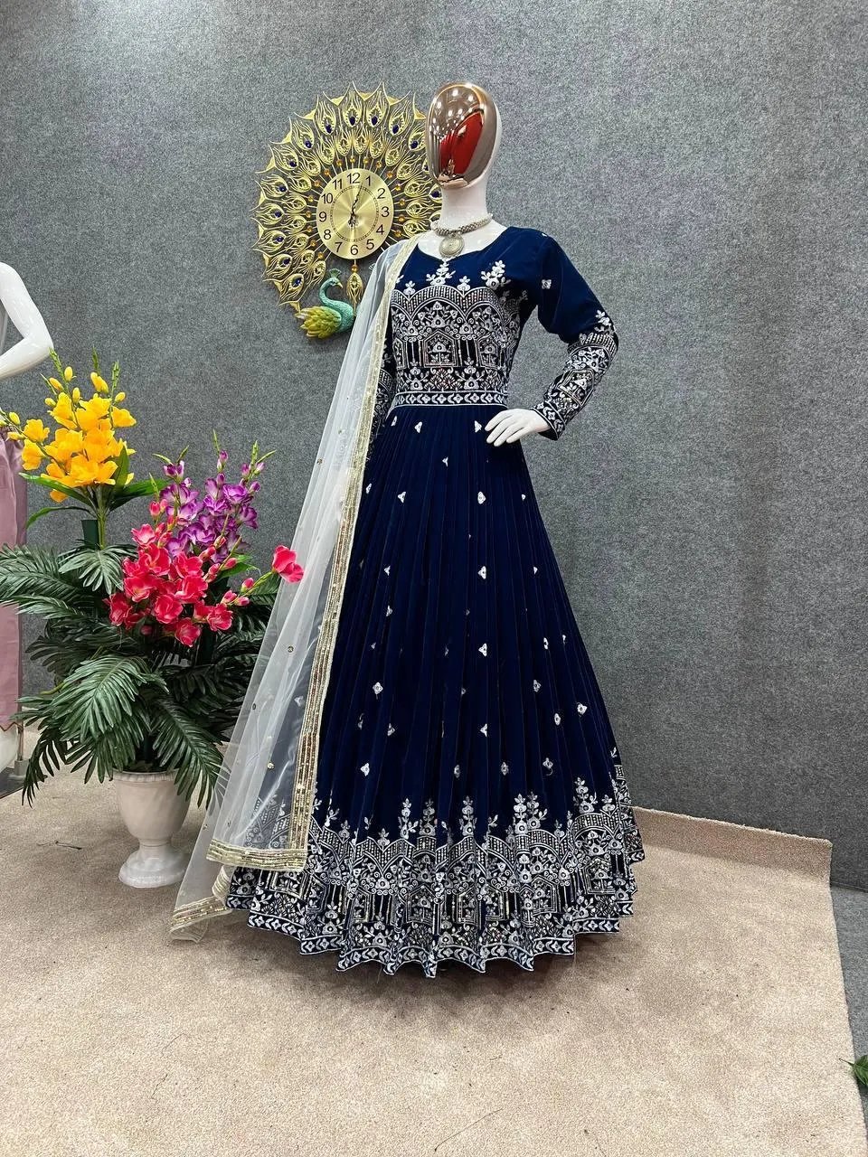 Navy Blue Velvet Embroidery Salwar Suit with Dupatta