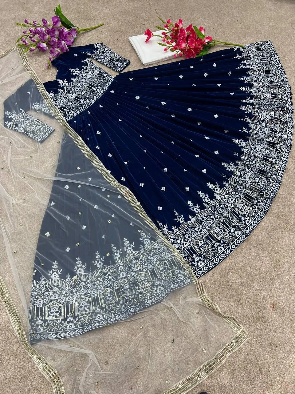 Navy Blue Velvet Embroidery Salwar Suit with Dupatta