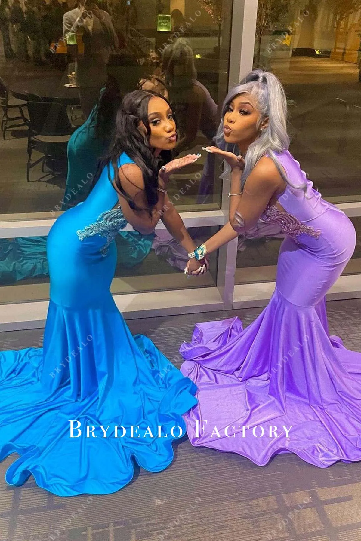 Ocean Blue Lace Jersey Horsehair Mermaid Long Train Prom Dress