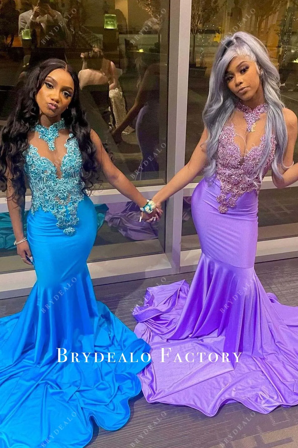 Ocean Blue Lace Jersey Horsehair Mermaid Long Train Prom Dress