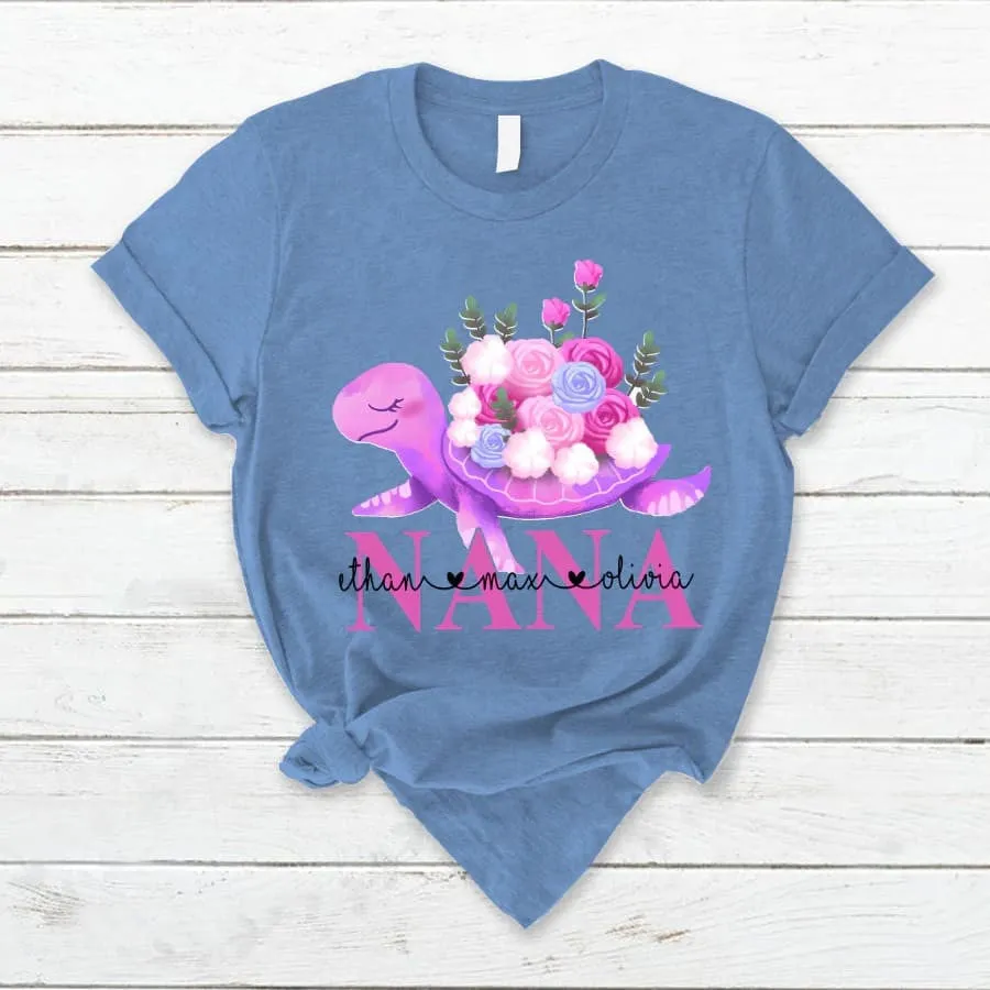 Personalized Grandma Turtle Colorful Flowers with Grandkids T Shirt