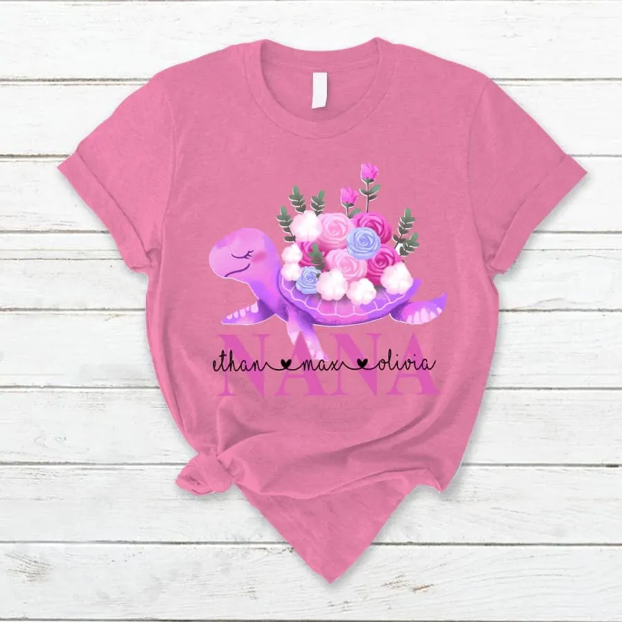 Personalized Grandma Turtle Colorful Flowers with Grandkids T Shirt