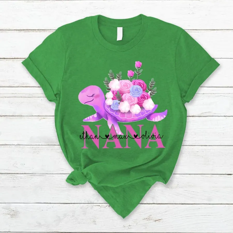 Personalized Grandma Turtle Colorful Flowers with Grandkids T Shirt