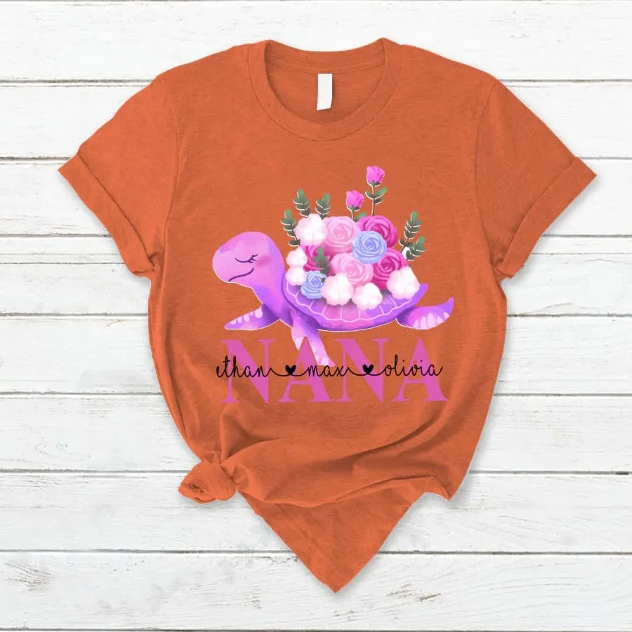 Personalized Grandma Turtle Colorful Flowers with Grandkids T Shirt
