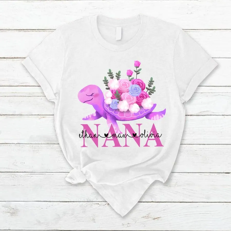 Personalized Grandma Turtle Colorful Flowers with Grandkids T Shirt