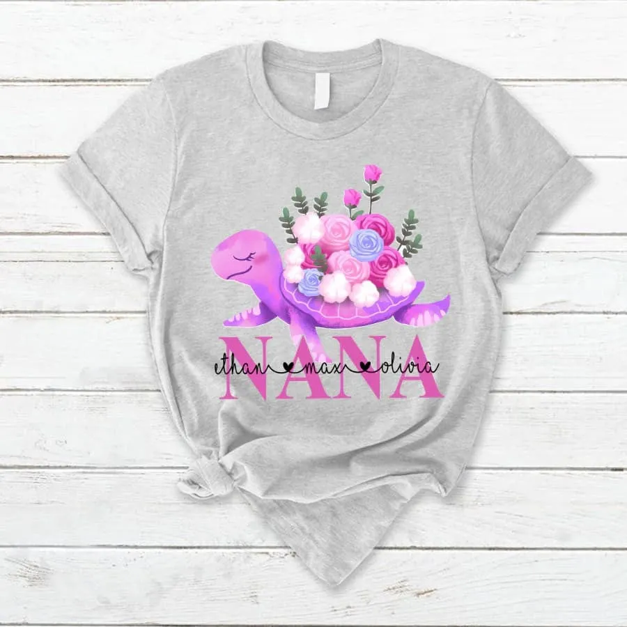 Personalized Grandma Turtle Colorful Flowers with Grandkids T Shirt