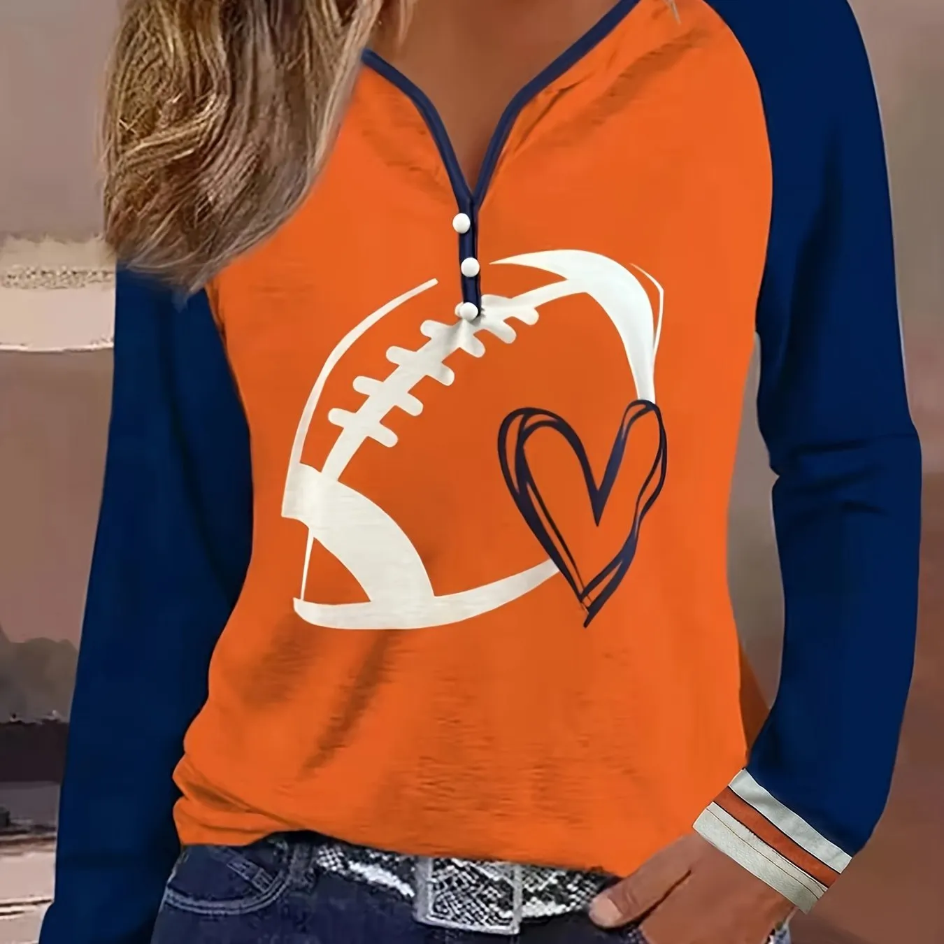 Print T shirt Casual V Neck Long Sleeve T shirt