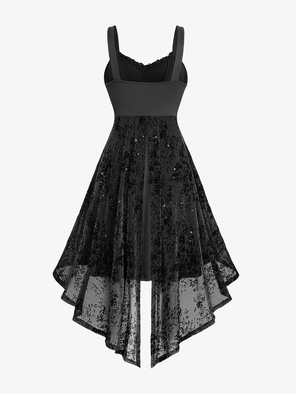 Rosegal Women Plus Size Sleeveless Glitter Floral Flocking Layered High Low A Line Midi Goth Dress