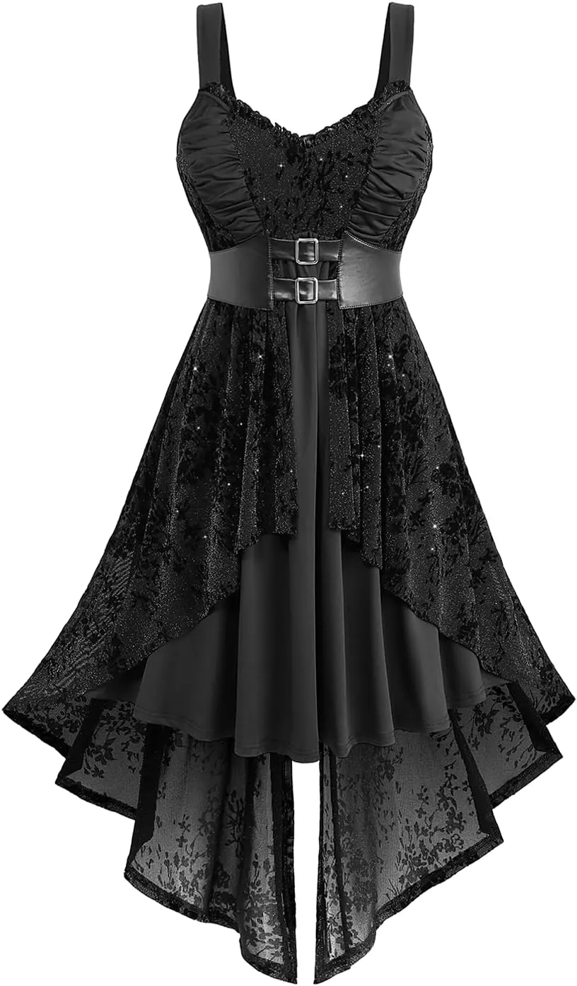 Rosegal Women Plus Size Sleeveless Glitter Floral Flocking Layered High Low A Line Midi Goth Dress