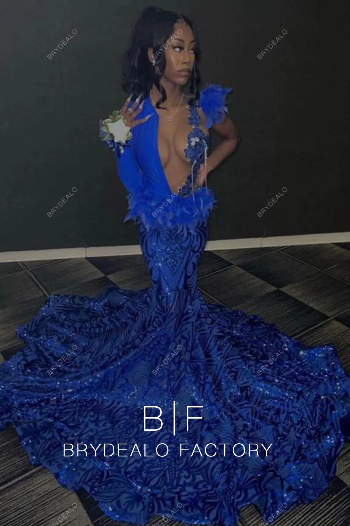 Royal Blue Sequin Feathers One Shoulder Mermaid Long Train Prom Dress