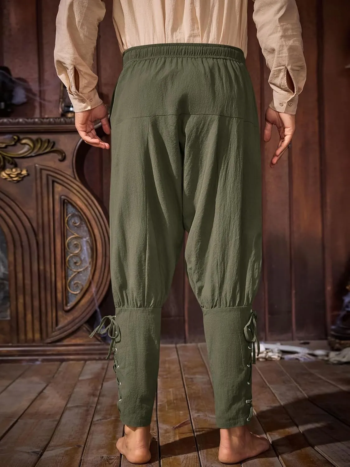 Runcati Mens Medieval Ankle Banded Pants Renaissance Viking Pirate Navigator Costume Pants Lace Up Cotton Halloween Trousers