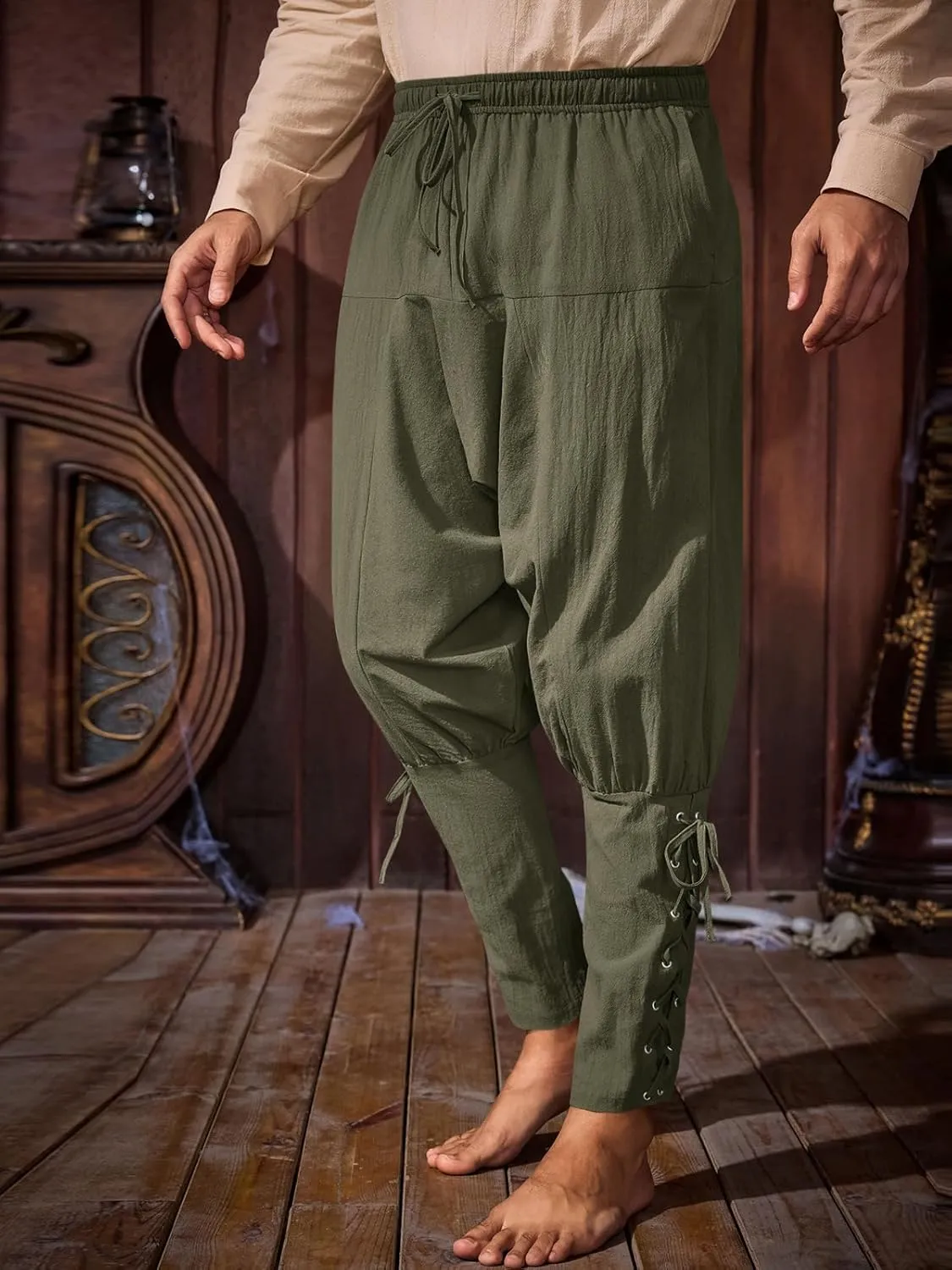 Runcati Mens Medieval Ankle Banded Pants Renaissance Viking Pirate Navigator Costume Pants Lace Up Cotton Halloween Trousers