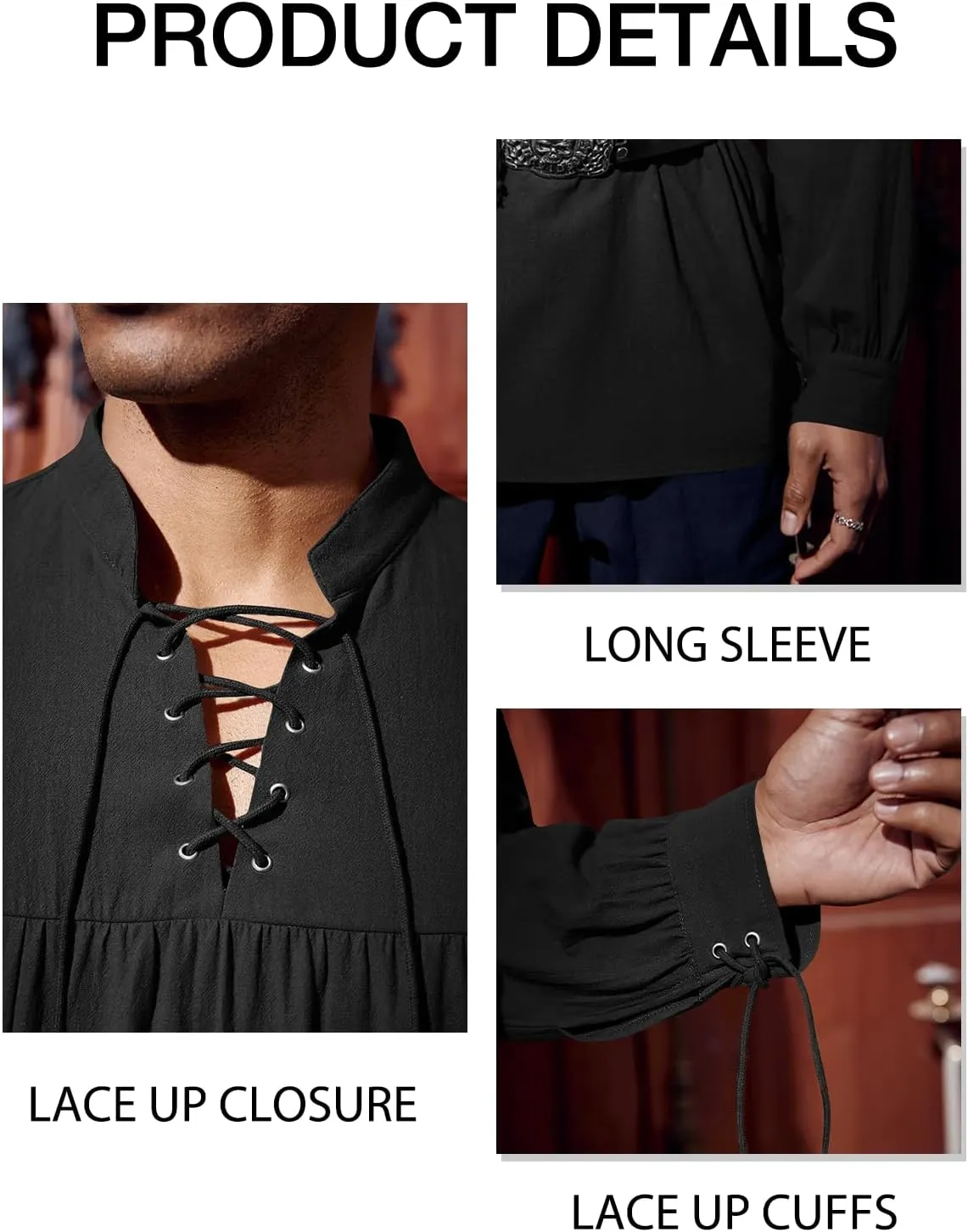 Runcati Mens Medieval Pirate Shirt Steampunk Viking Renaissance Long Sleeve Lace Up Scottish Halloween Costume Tops
