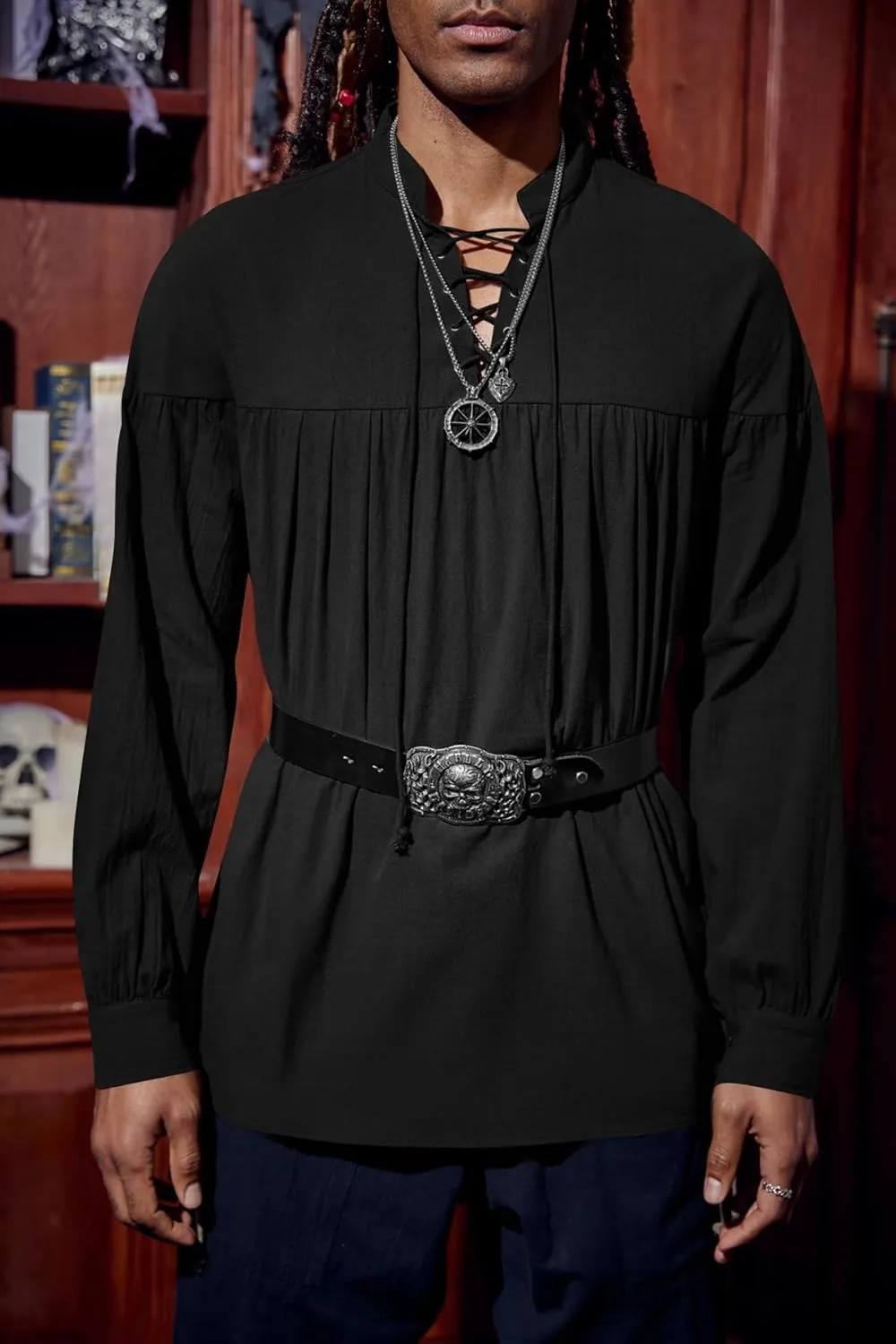 Runcati Mens Medieval Pirate Shirt Steampunk Viking Renaissance Long Sleeve Lace Up Scottish Halloween Costume Tops