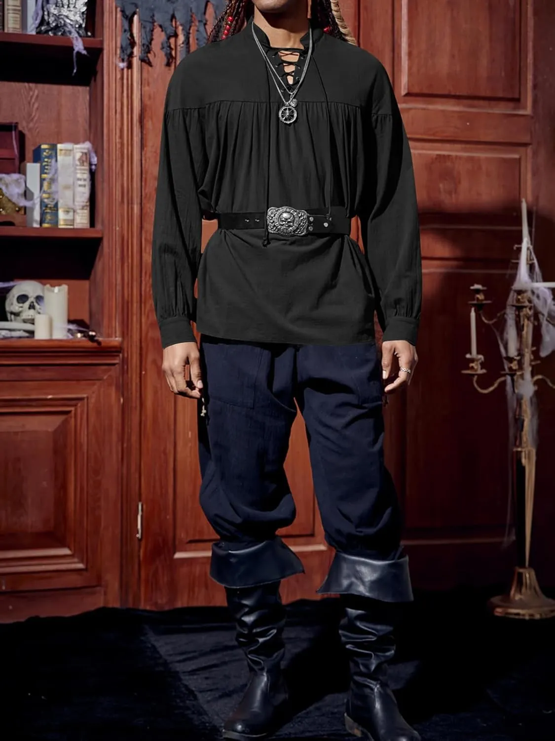 Runcati Mens Medieval Pirate Shirt Steampunk Viking Renaissance Long Sleeve Lace Up Scottish Halloween Costume Tops