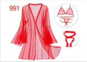 Sajiero Spark Dots 3pcs Transparent Hot Red Nightgown