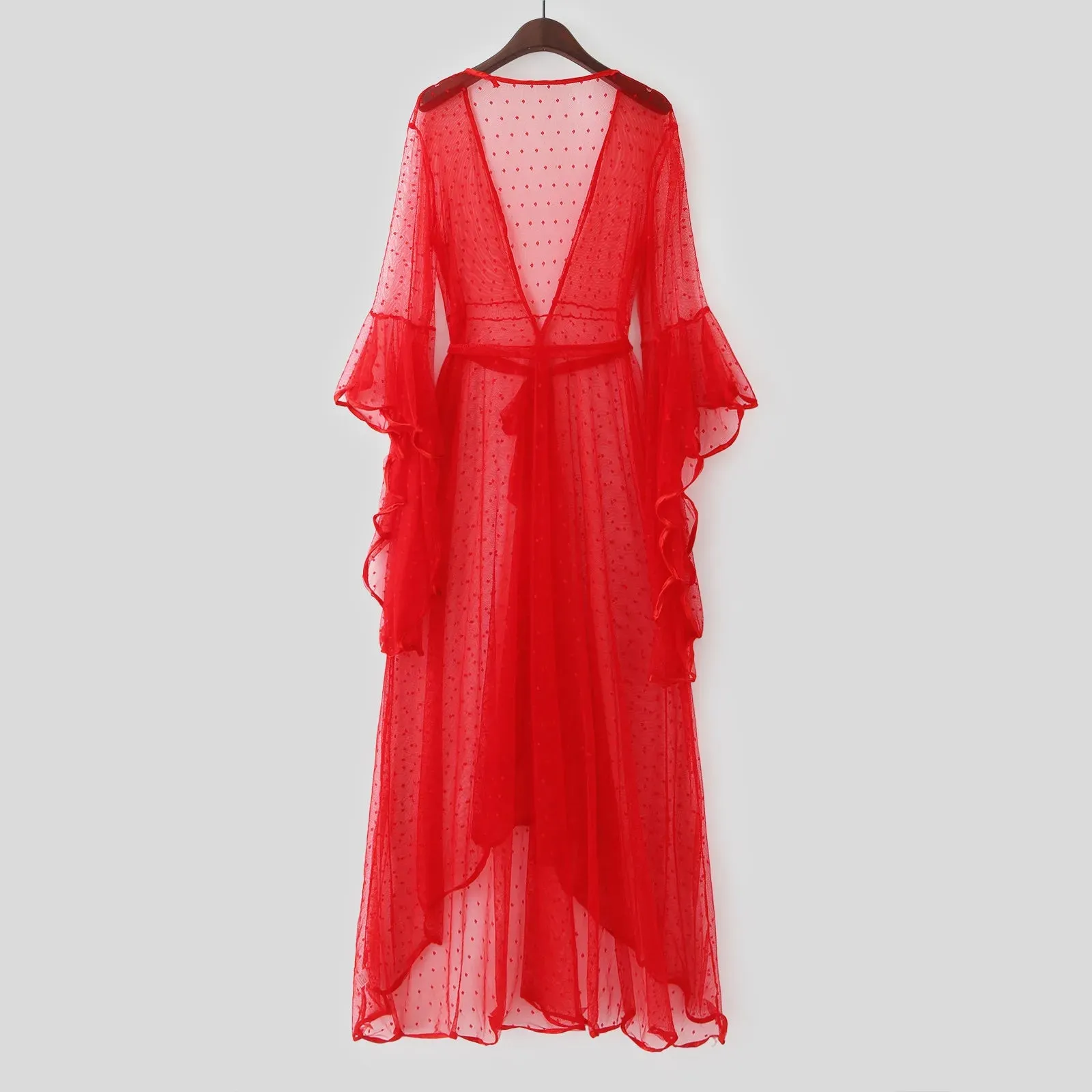 Sajiero Spark Dots 3pcs Transparent Hot Red Nightgown