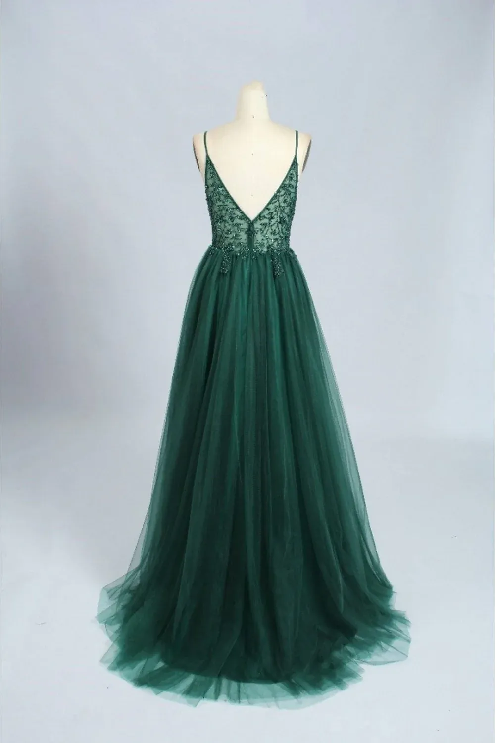 Spaghetti Strap Green A Line Long Prom Dress V Neck Formal Evening Gown Party Dress