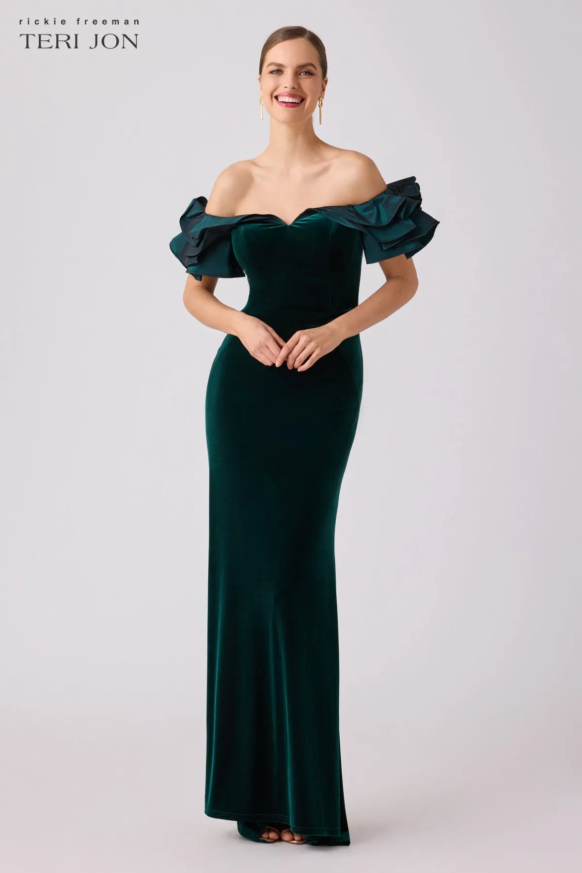 Stretch Velvet Ruffle Evening Gown