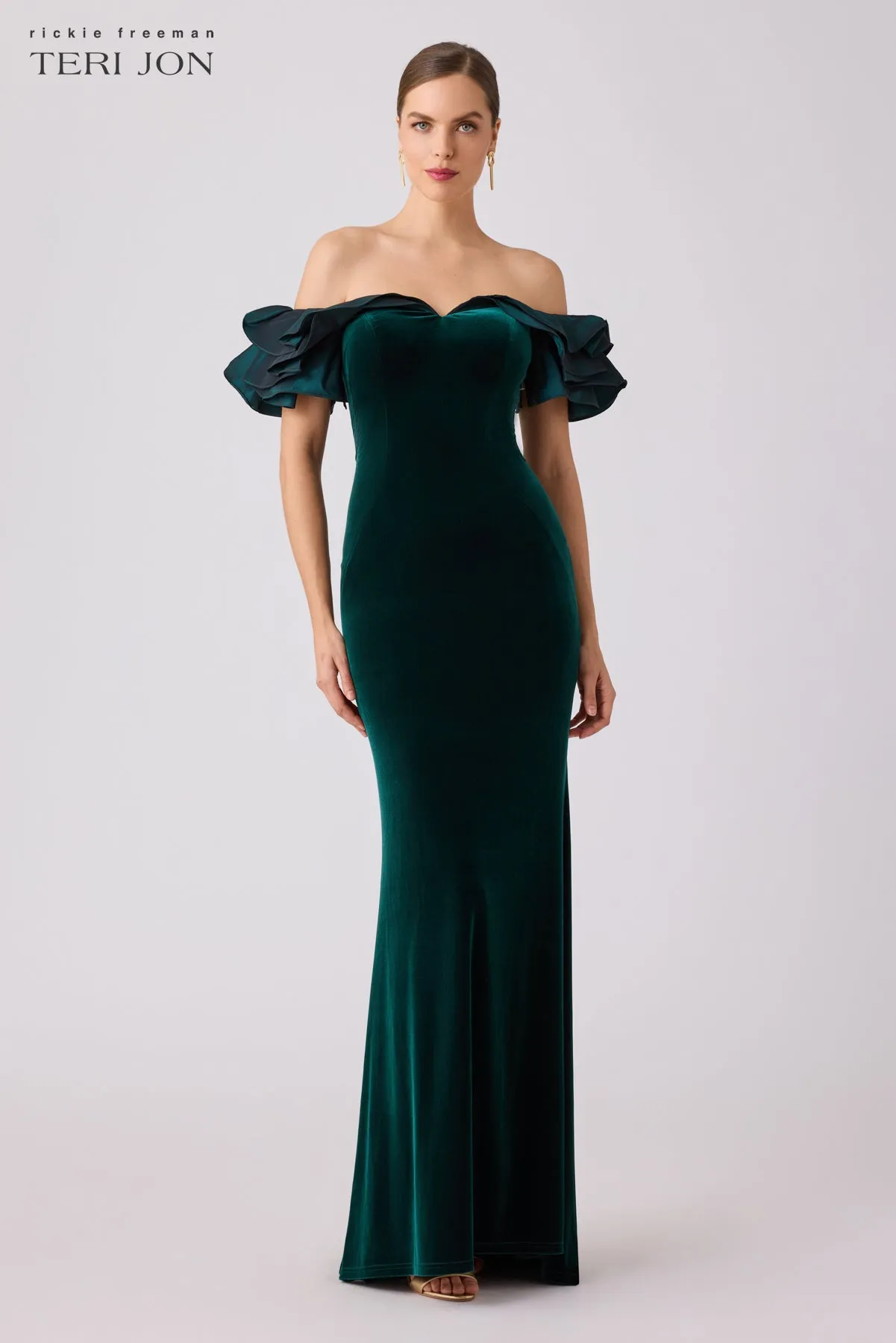 Stretch Velvet Ruffle Evening Gown