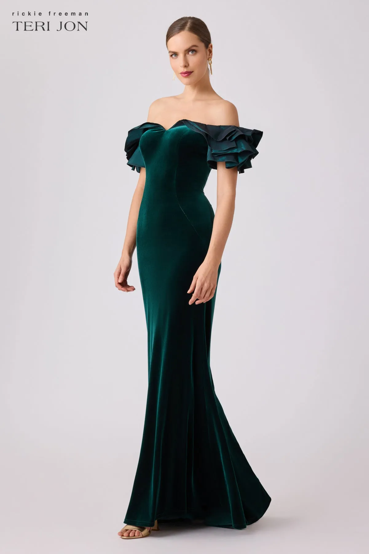 Stretch Velvet Ruffle Evening Gown