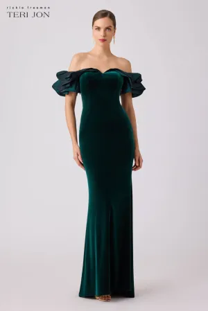 Stretch Velvet Ruffle Evening Gown