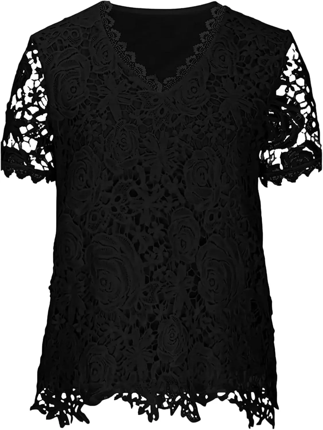 Summer Tops for Women 2024 Lace Crochet Embroidery Crewneck T Shirts Dressy Casual Short Sleeve Elegant Work Blouses