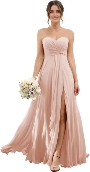 Sweetheart Chiffon Bridesmaid Dresses with Slit Long Pleated Prom Dress Strapless Formal Party Gowns