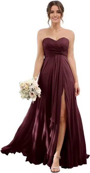 Sweetheart Chiffon Bridesmaid Dresses with Slit Long Pleated Prom Dress Strapless Formal Party Gowns