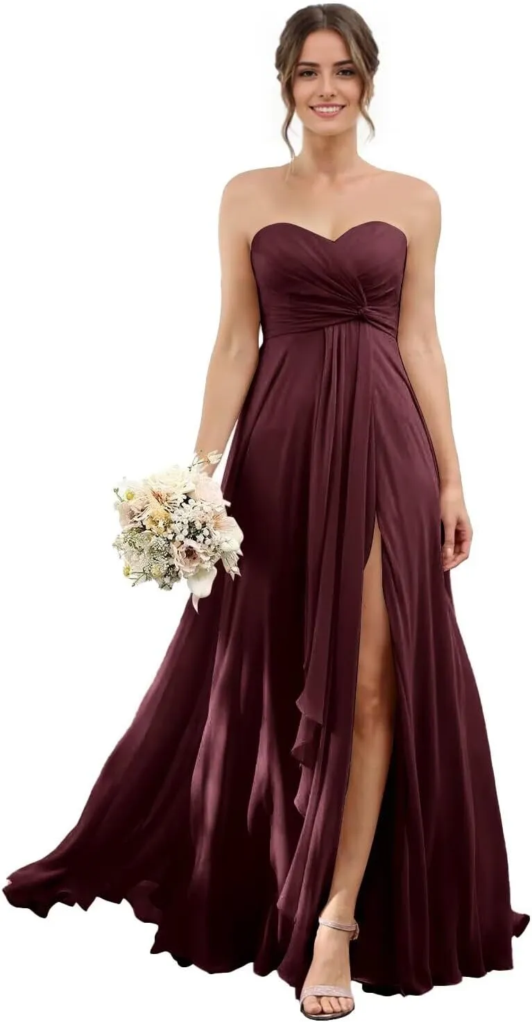 Sweetheart Chiffon Bridesmaid Dresses with Slit Long Pleated Prom Dress Strapless Formal Party Gowns