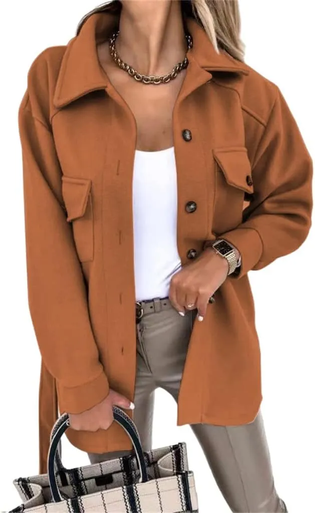 Trench Coat Women Long Sleeve Lapel Button Down Belted Jacket Outerwear Casual Peacoat Fall Outfit with Pocket Fashion