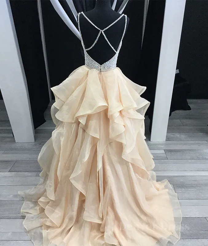 Unique champagne tulle sequin long prom dress champagne evening dress