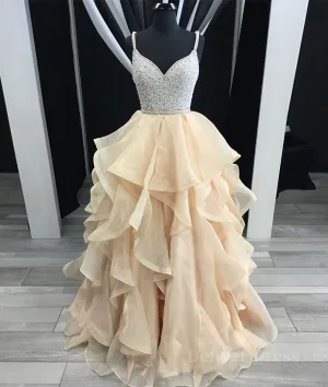Unique champagne tulle sequin long prom dress champagne evening dress