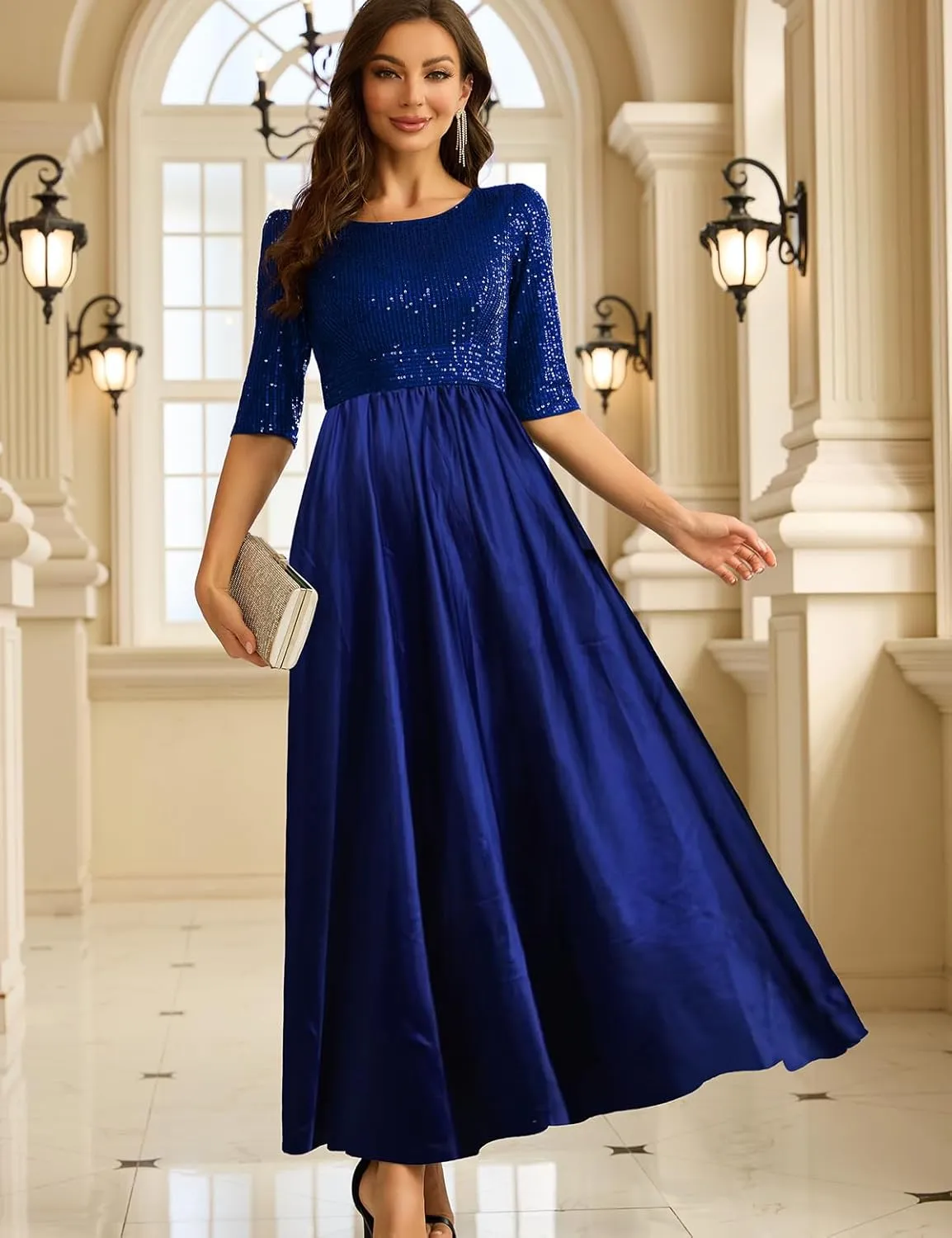 Wedding Guest Dresses Women's Cocktail Long Length Sequin Mid Sleeve Formal Gowns Elegant Party Dresses