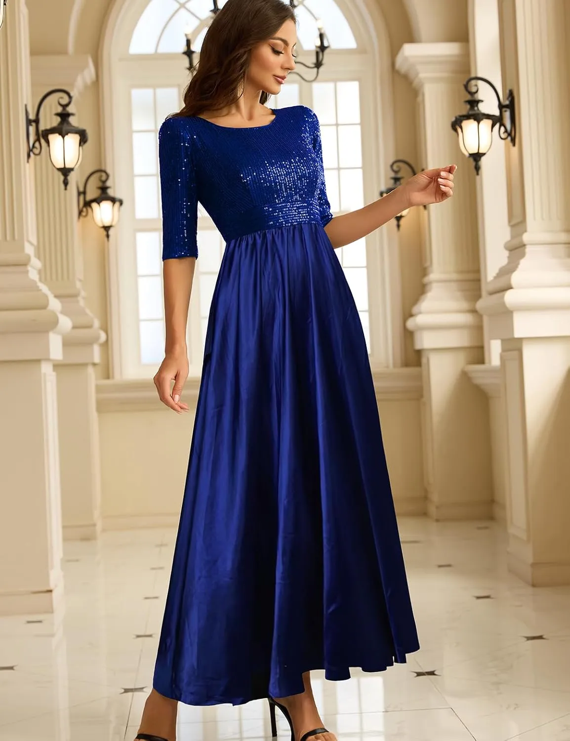 Wedding Guest Dresses Women's Cocktail Long Length Sequin Mid Sleeve Formal Gowns Elegant Party Dresses