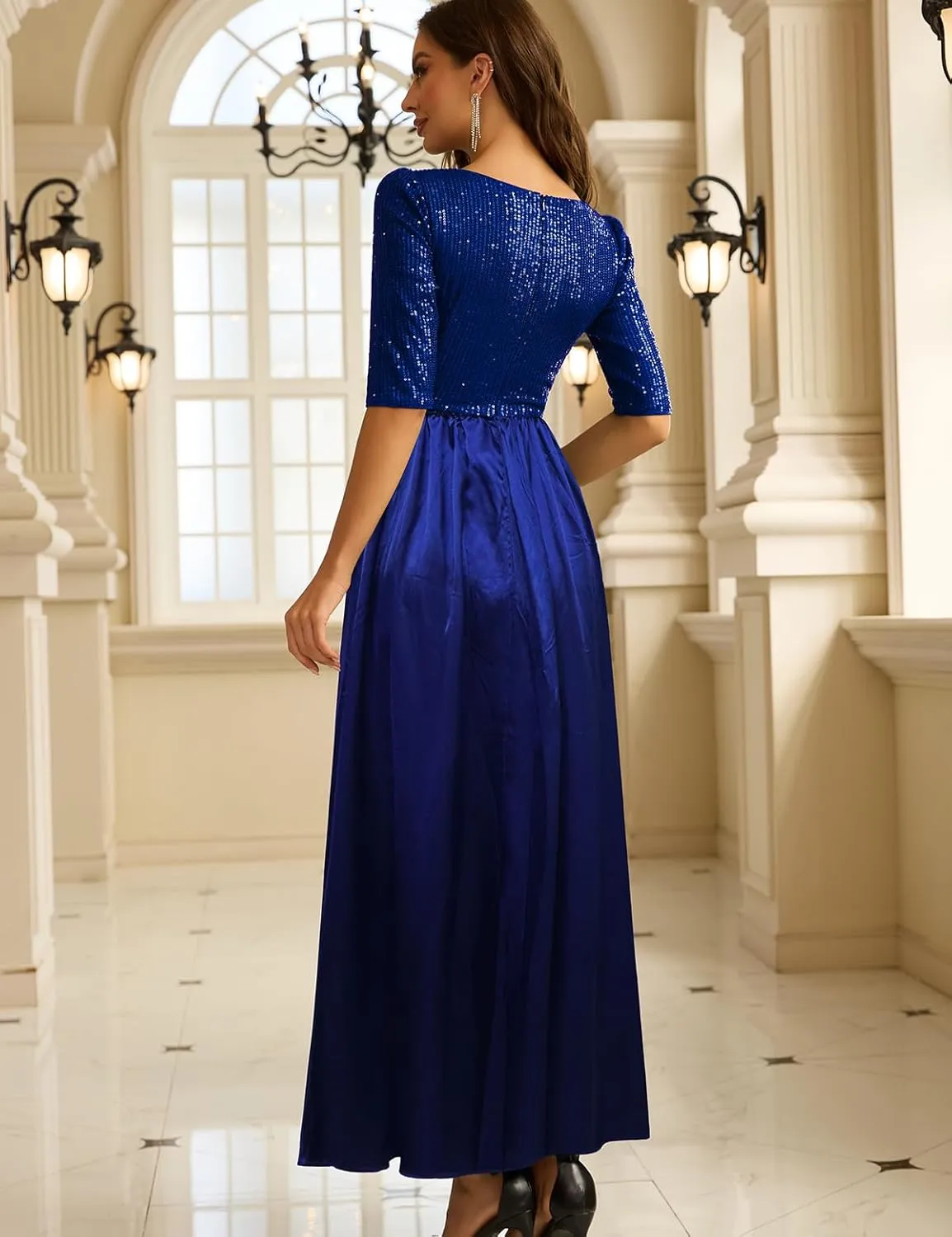 Wedding Guest Dresses Women's Cocktail Long Length Sequin Mid Sleeve Formal Gowns Elegant Party Dresses