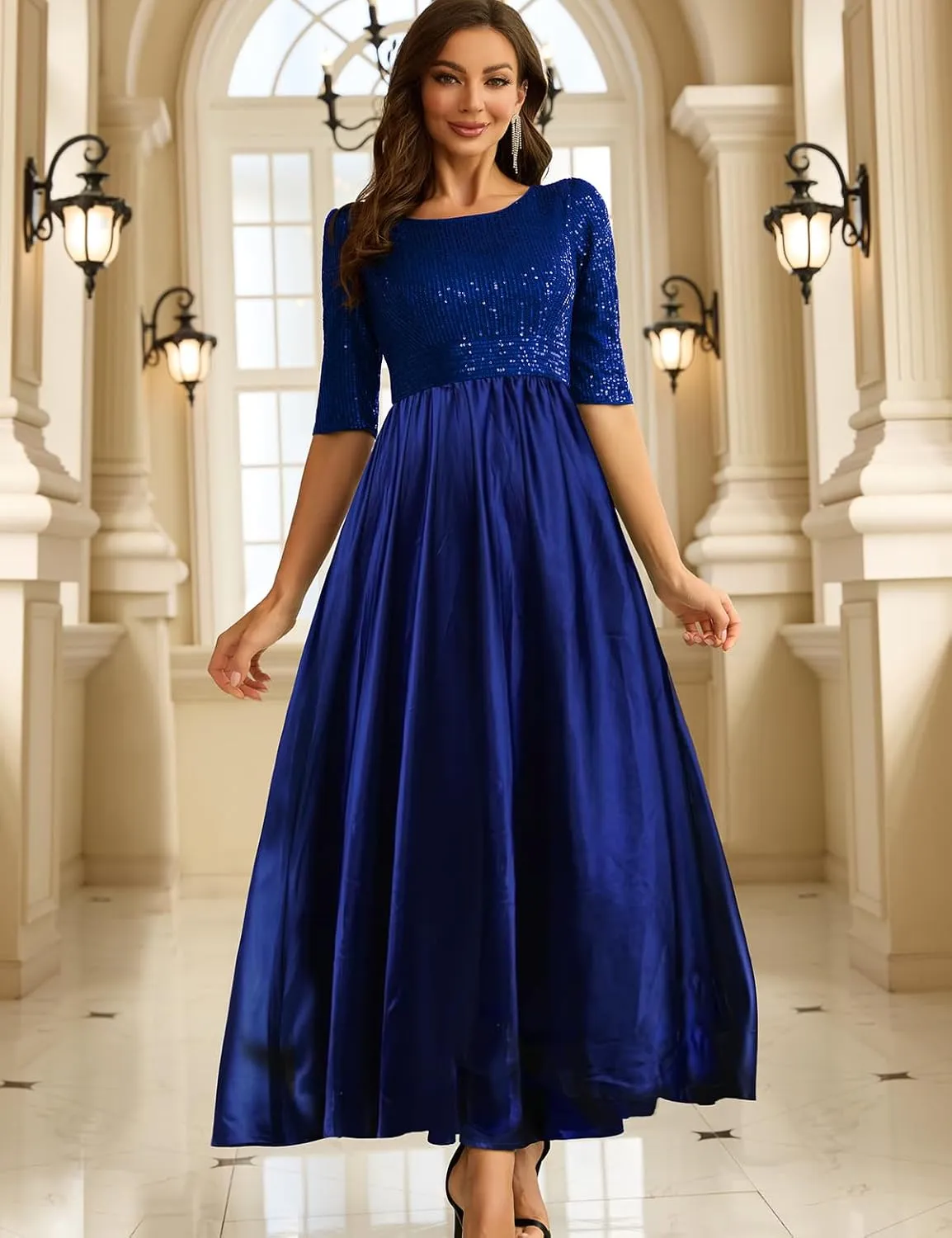 Wedding Guest Dresses Women's Cocktail Long Length Sequin Mid Sleeve Formal Gowns Elegant Party Dresses