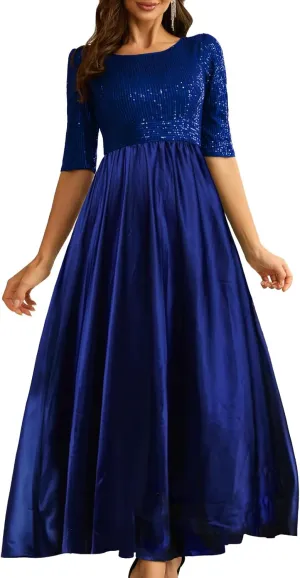 Wedding Guest Dresses Women's Cocktail Long Length Sequin Mid Sleeve Formal Gowns Elegant Party Dresses