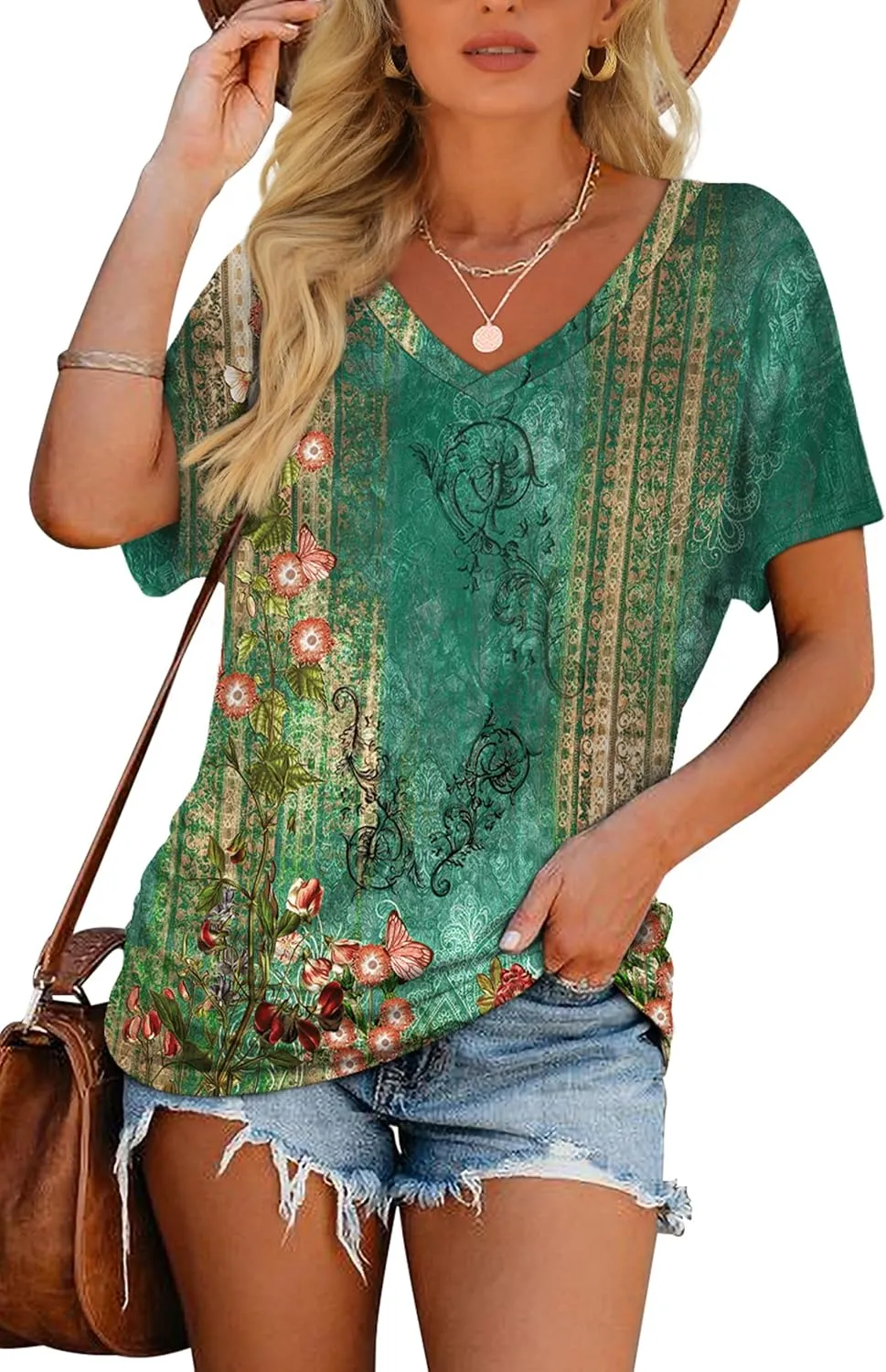WIHOLL Womens Short Sleeve V Neck Dolman Tops with Side Shirring Loose Fit Shirts
