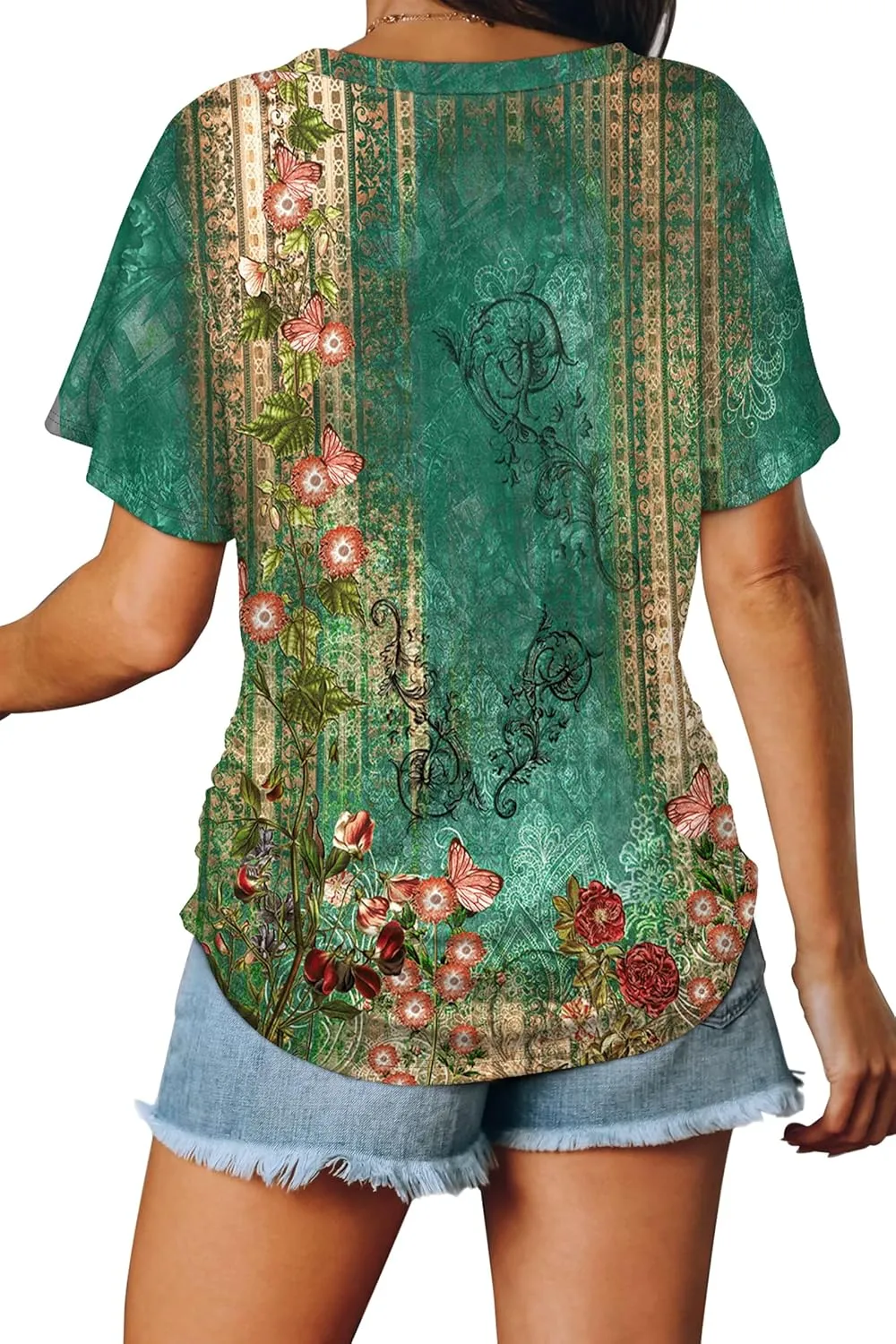 WIHOLL Womens Short Sleeve V Neck Dolman Tops with Side Shirring Loose Fit Shirts